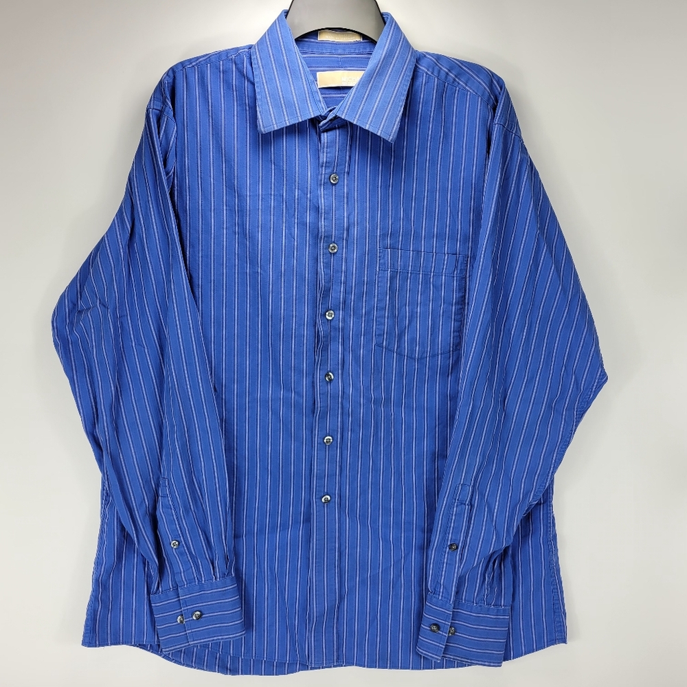 Michael Kors Striped Long Sleeve Button Dress Shirt Men 17 36/37 XL Blue Classic